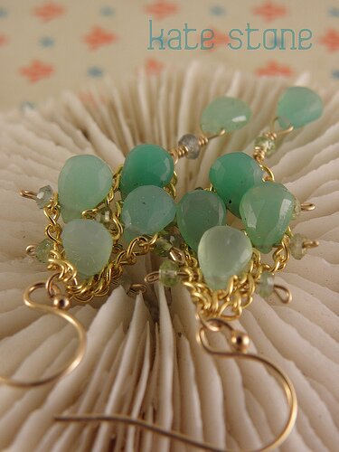 Shaded Chrysoprase Chandelier Earrings with Green Tourmalines and Gold filled Curb Chain